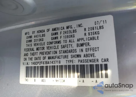 2011 Honda Accord 2.4 Ex-L из США, поврежденный, VIN 1HGCP2F83BA143718